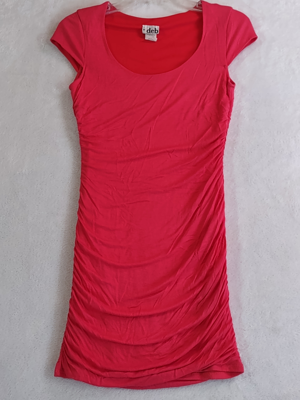 Deb Scoop Neck Ruched Cap Sleeve Dress - Bright Pink/ Salmon Very Flattering